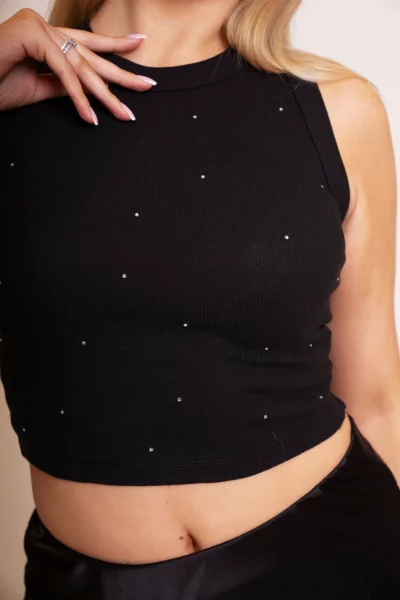 Czarny Crop Top Bez Rękawów z Kamieniami 2