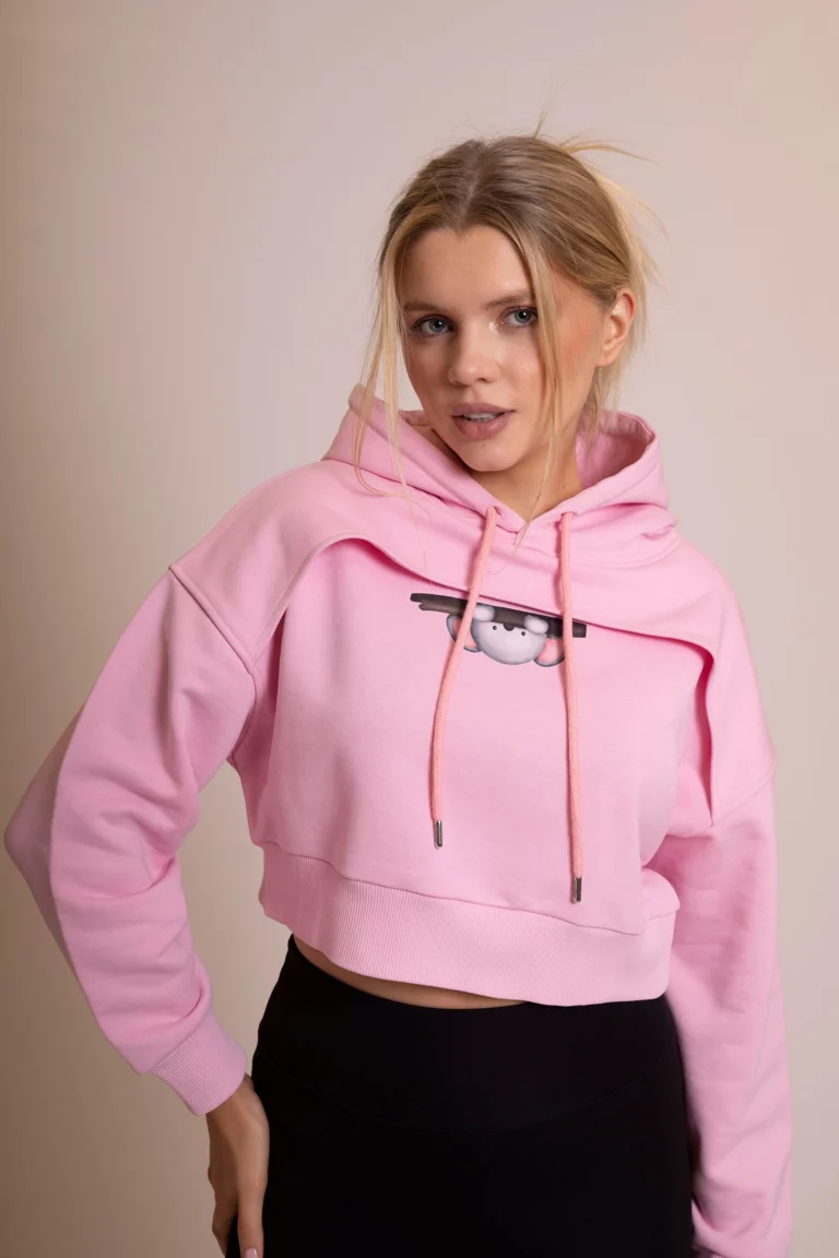 Różowa Crop Bluza z Kapturem Oversize z Nadrukiem Koali