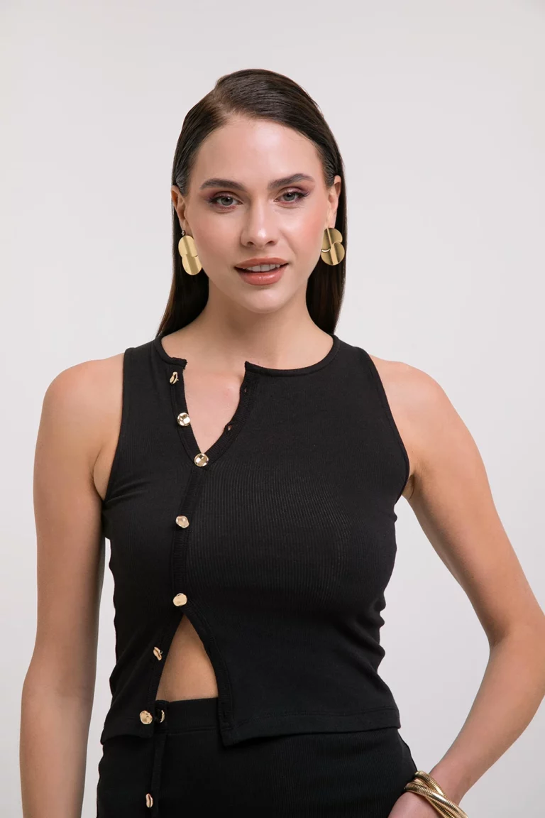 Czarna Damska Bluzka Bez Rękawów z Złotymi Guzikami